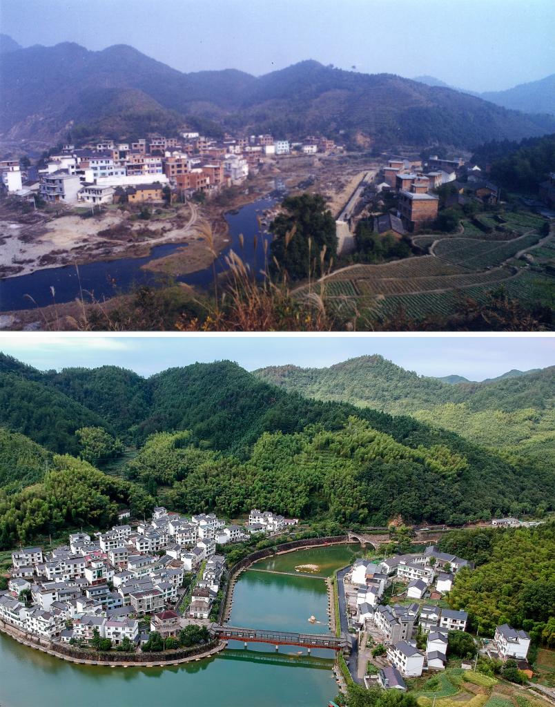 圖為浙江省杭州市淳安縣楓樹嶺鎮(zhèn)下姜村拼版圖，其中上圖為資料照片、下圖由新華社記者張鋮攝。